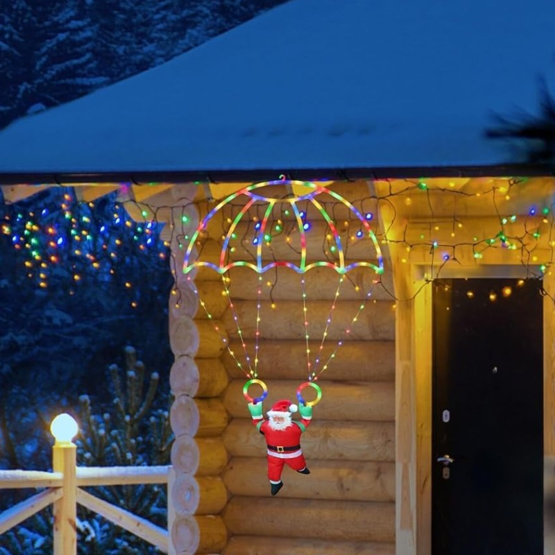LED Christmas Parachute Lights with Santa Claus Usb Powered for Roof Eave Balcony Garden Christmas Festival Atmosphere Decor