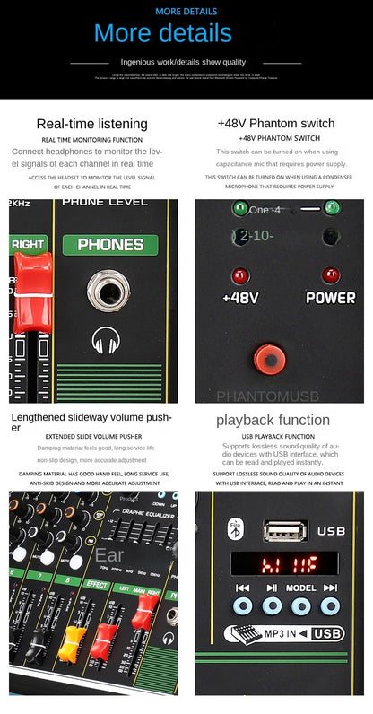 Mesa de som DSP de 4/8 canais com efeito de reverberação, profissional, Bluetooth, USB, áudio mixer balanceado para karaokê familiar, palco, KTV