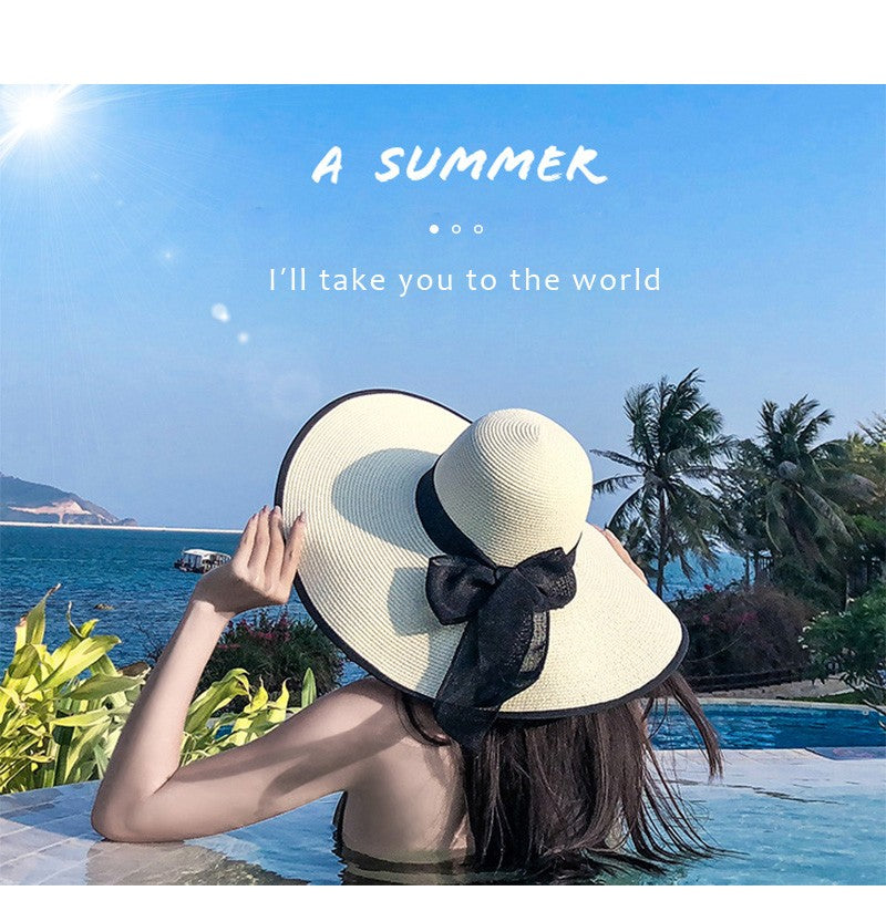 Women Summer Beach Travel Straw Hat Korean Seaside Big Hat Brim Sunblock Sunshade Holiday Foldable Fashion Big Cool Hat