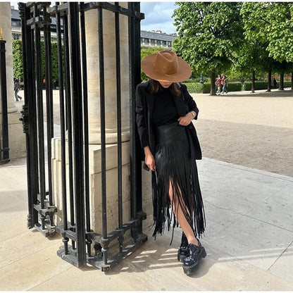 Tassel Leather Midi Skirt Women Solid High Street High-waist A-line Bodycon Long Skirts Spring Summer 2026 Chic All-match Outfit