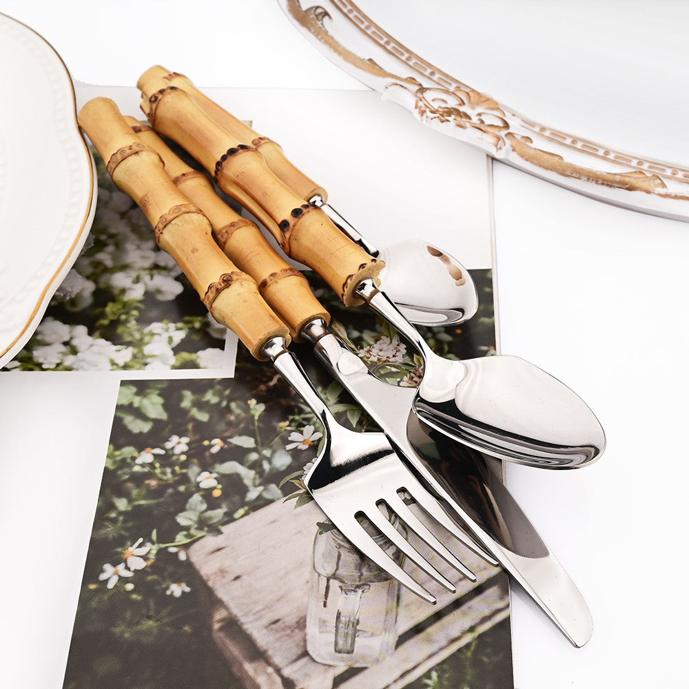 1Pç Conjunto de Talheres de Bambu Natural com Cabo de Aço Inoxidável Utensílios de Mesa Garfos de Jantar Colher Faca Talheres de Cozinha