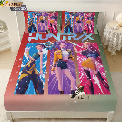 Conjunto de Lençóis Sem Lascas Estampados K-Pop Demon Hunters com 3 Peças e Vários Tamanhos de Capa de Cama Decoração de Cama Lavável à Máquina