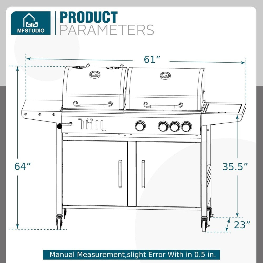 Gas and Charcoal Grill Combo with Side Burner, Porcelain-Enameled Cast Iron Grate, Extra Large Dual-Function