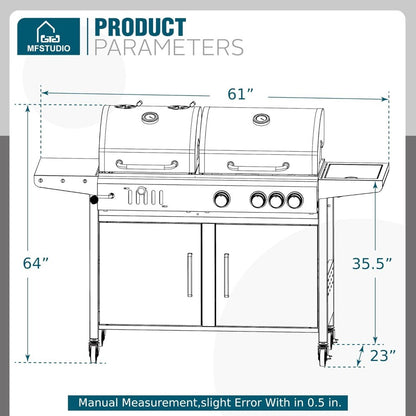 Gas and Charcoal Grill Combo with Side Burner, Porcelain-Enameled Cast Iron Grate, Extra Large Dual-Function
