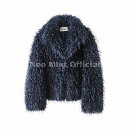 Neo Mint Iconic Blogger Fashion Faux Mongolia Sheep Fur Coat Women 2025 Winter Fluffy Warm Fur Jacket Chic Street Girl Outerwear