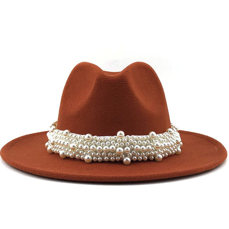 Chapéu Fedora De Lã Feminino Masculino Com Fita De Pérolas Cavalheiro Elegante Senhora Inverno Outono Aba Larga Igreja Panamá Sombrero Boné De Jazz 60CM