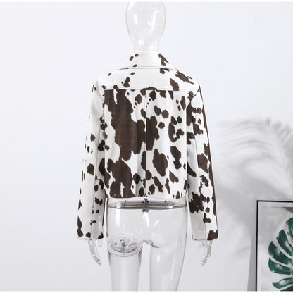 Fashion Women's Cow Print Jacket Lapel Collar Short Length Zipper Button Coats 2025 Autumn Winter Female Trendy Warm Outerwear