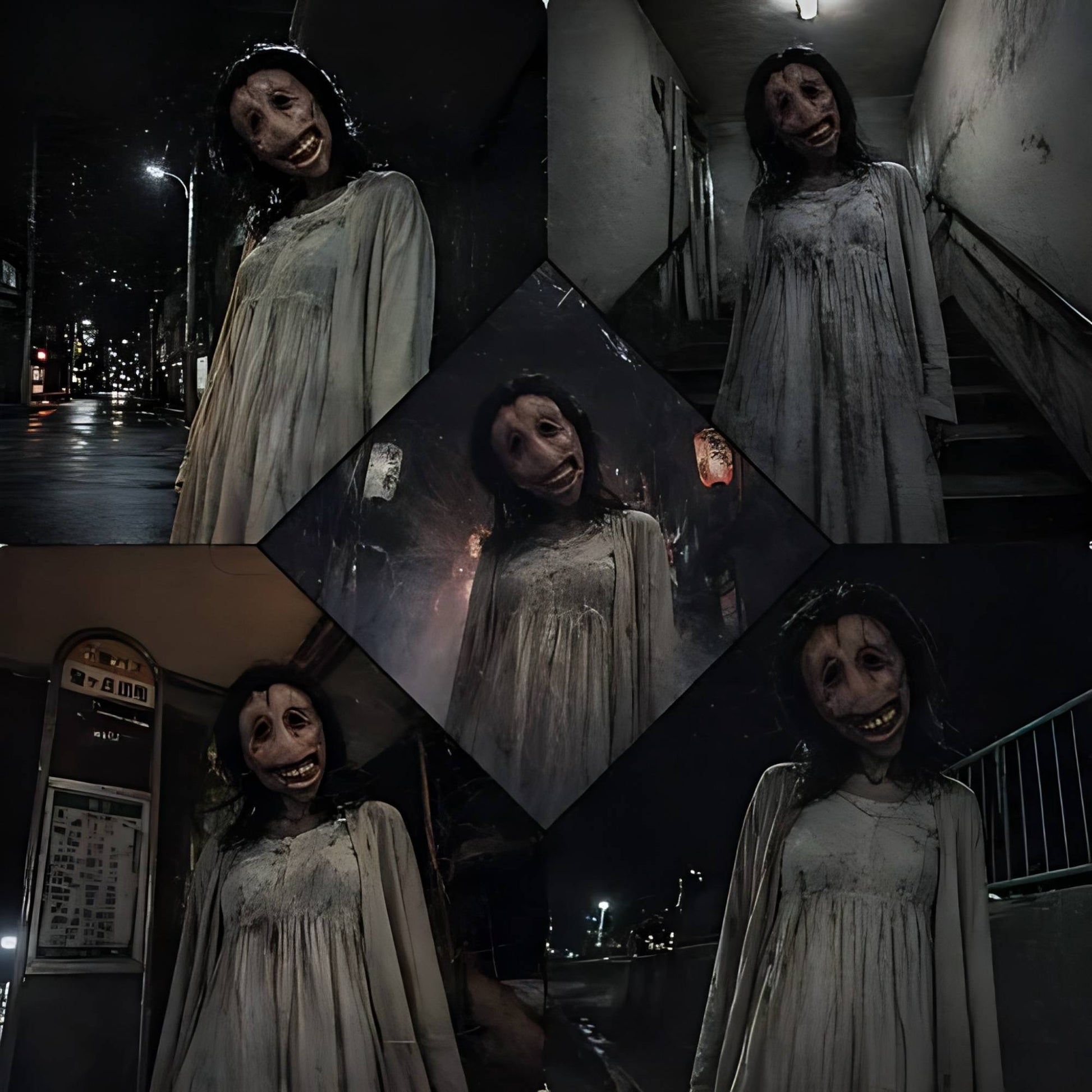 Scary Female Ghost Mask Long Hair Latex Mask Full Face Creepy Smile Halloween Cosplay Horror Party Haunted House Prop