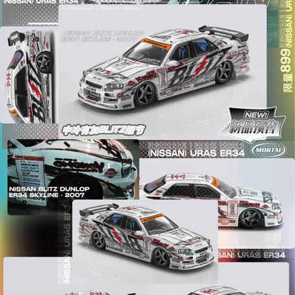 Novo em estoque Mortal 1:64 Nissan GTR D1GP Blitz ER34 Liga Miniatura Diecast Modelo Conjunto de Dois Carros Versão D1GP Brinquedos de Modelo de Carro Presente