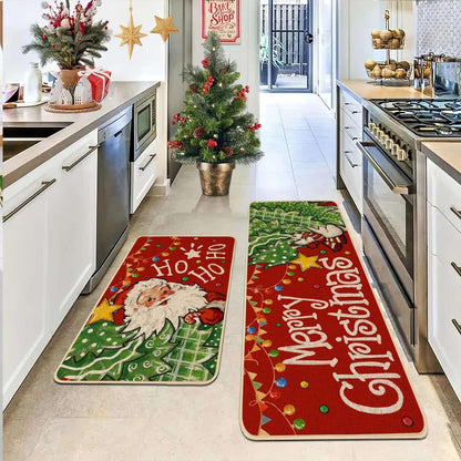 VIKAMA 2-Piece Christmas Festival Rug Set Kitchen Mat Combo, Entrance Hall Doormat Stain-Resistant and Easy-Care Home Decor