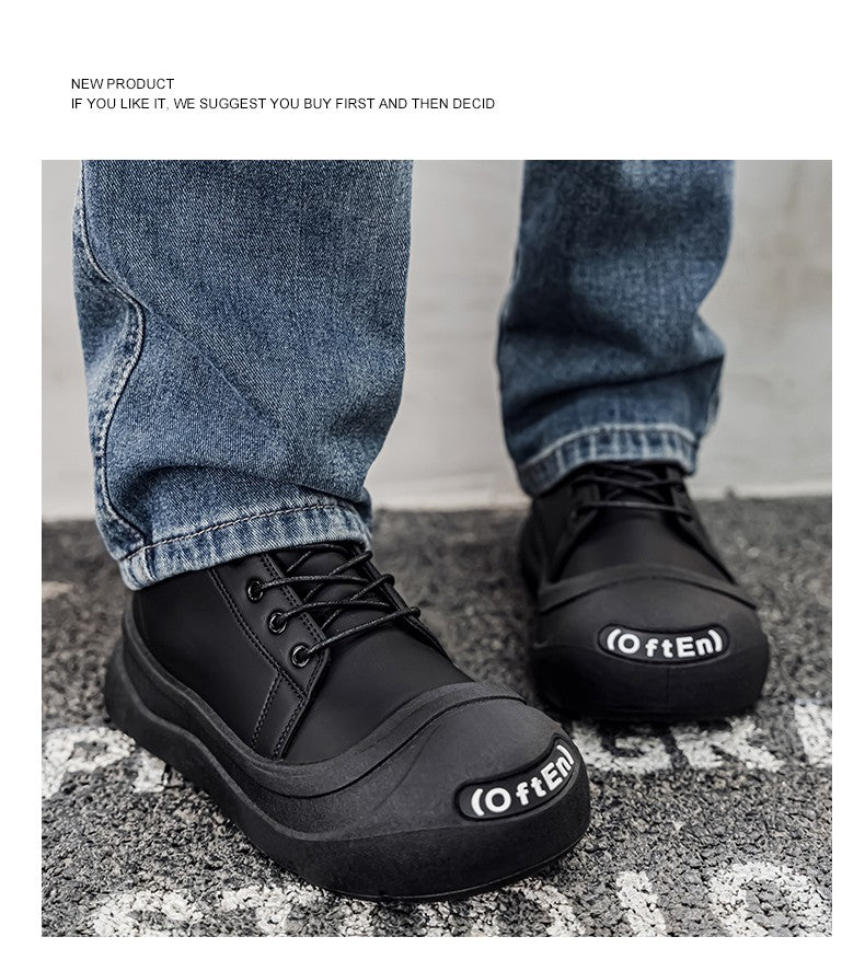 Large-size Autumn High-top Versatile Black Shoes, Men's Outdoor Anti-slip and Wear-resistant Casual Leather Boots