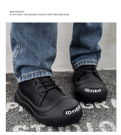 Large-size Autumn High-top Versatile Black Shoes, Men's Outdoor Anti-slip and Wear-resistant Casual Leather Boots