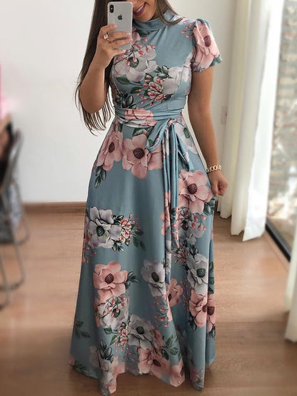 Women's Slim Dresses Casual Long Sleeve Round Neck Flower Printed Dress Strap Floor-Length Long Skirt Women's Clothing