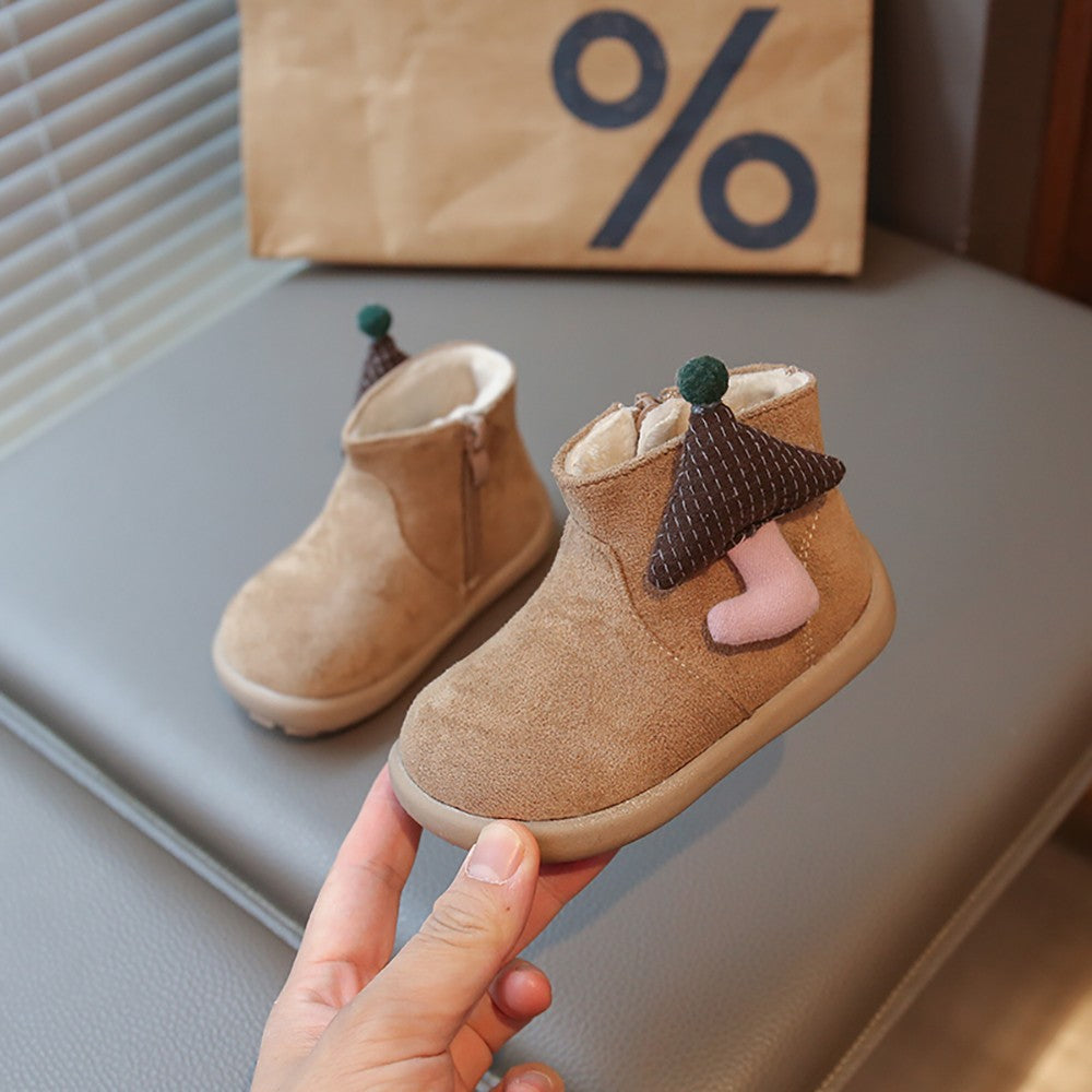 Christmas Children's Snow Boots PU Leather Vintage Girl's Plush Boots Anti-slippery Kid's Warm Padded Boots Cotton Shoes