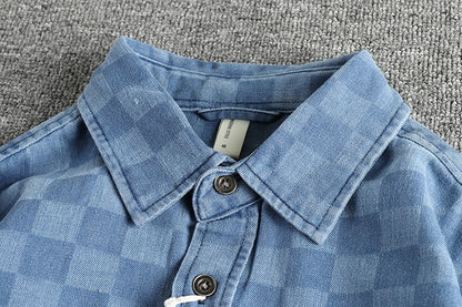 Spring Japanese Retro Long Sleeve Lapel Denim Plaid Cargo Shirts Men's High Street 100% Cotton Washed Loose Casual Thin Jacket