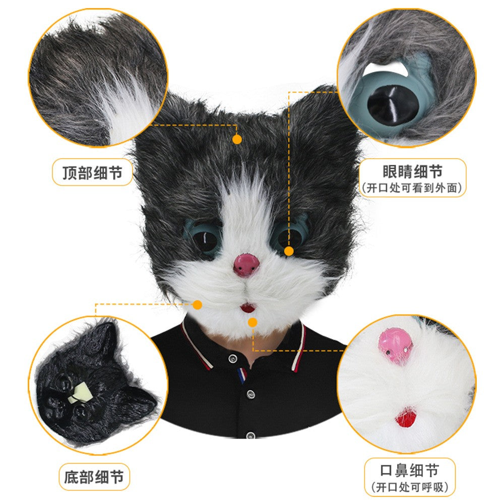 Latex with Fur Black Cat Cosplay Mask Scary Helmet Animal Funny Costume Hood Hair Mask Headwear Adult Halloween Party Props