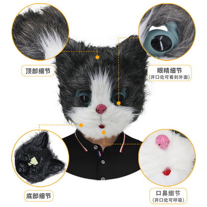 Latex with Fur Black Cat Cosplay Mask Scary Helmet Animal Funny Costume Hood Hair Mask Headwear Adult Halloween Party Props
