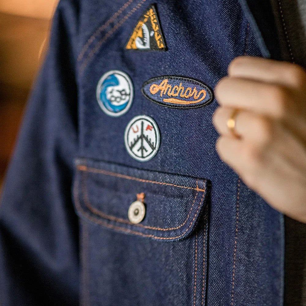 Maden Vintage 12.8oz Heavyweight Denim Jacket Embroidered Badge Washed Lapel Casual Outerwear for Men Spring and Fall Chore Coat