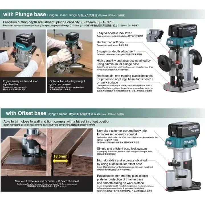 Makita DRT50 Original Aparador sem Fio Recarregável Máquina de Aparar Ferramenta de Fresagem sem Escovas para Ranhurar Madeira Máquina de Gravação