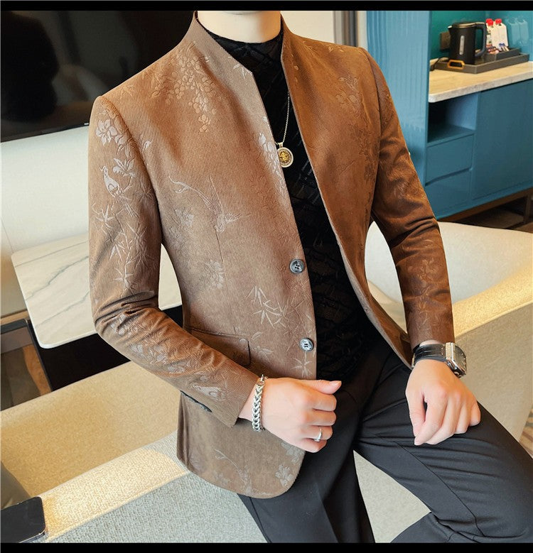 Men's New Chinese Stand Collar Blazer Jacket 2025 Fashion Elegant Printed Slim Fit Business Suits Jacket Tailcoat Men Clothing