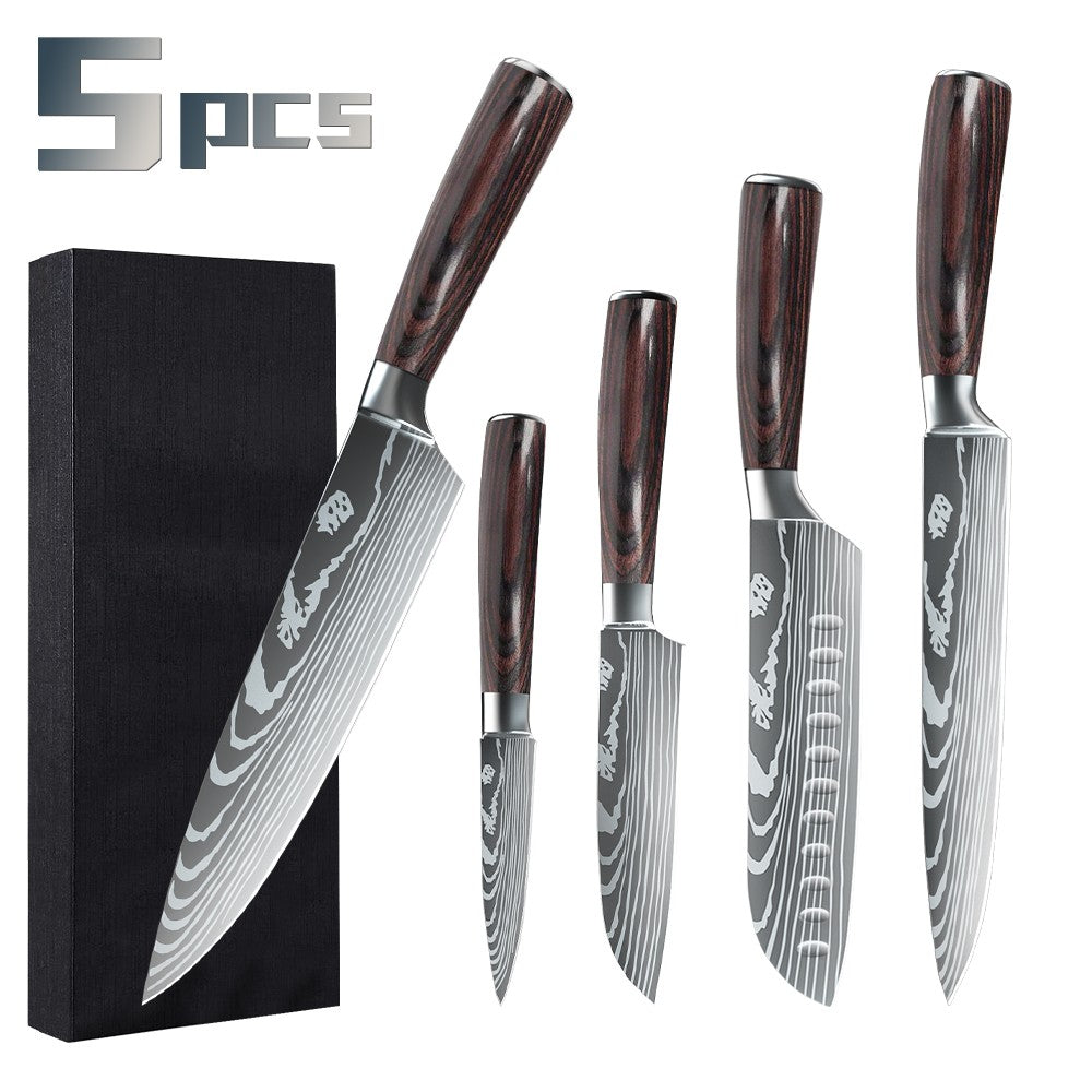 MDHAND 1-10PCS Chef knife Japanese Kitchen Knives Set Professional Laser Damascus Pattern Stainless Steel Cleaver Slicer Knife