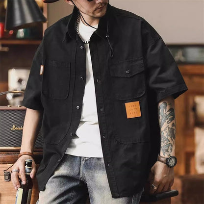 2025 Summer Men's Multi-pocket Oversized Short Sleeve Shirts High Street Fashion Cargo T-shirt New American Casual Y2K Shirt