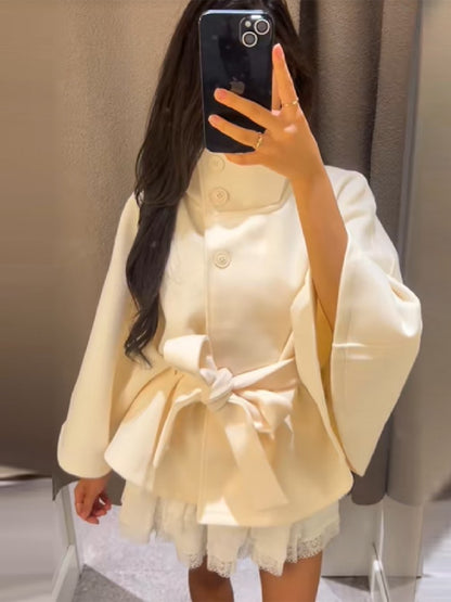 chic vintage cape jacket with belt stand neck single breasted loose coat loose flare sleeve coats early lady autumn Y2K outwears