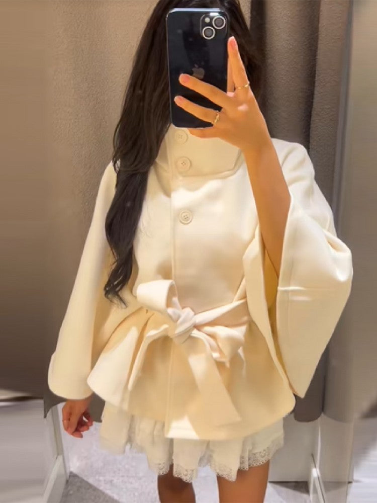 chic vintage cape jacket with belt stand neck single breasted loose coat loose flare sleeve coats early lady autumn Y2K outwears