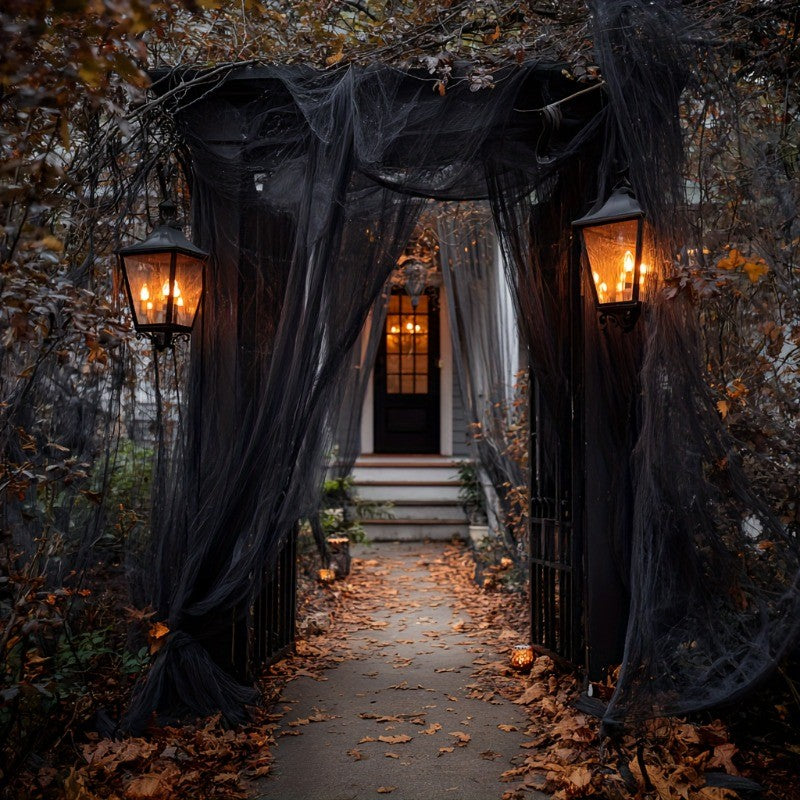 Large Black Sheer Tulle - Halloween Spooky Party Decor, Elegant Door Curtain, Wall & Table Decoration