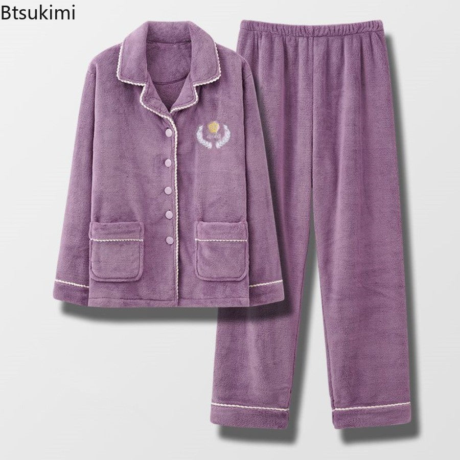 New 2025 Women's Coral Velvet Keep Warm Pajama Sets Autumn and Winter Thickened Fleece Warm Flannel Household Clothes for Women