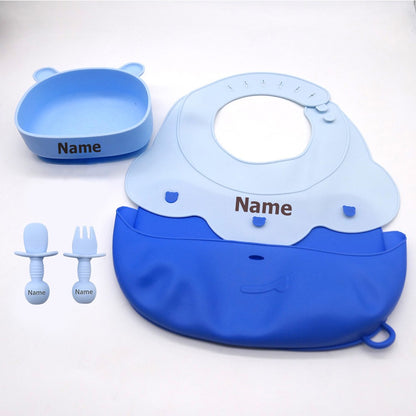 Silicone Bib & Tableware Set Waterproof & Easy to Clean Free Name Engraving Creative Gifts Customized for Babies