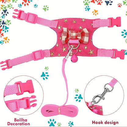 2 pçs/conjunto Arnês e Coleira para Hamster, Conjunto de Caminhada, Roupa para Pequenos Pets com Laço e Sinos, Colete Acolchoado Seguro e Confortável, Roupa para Hamster