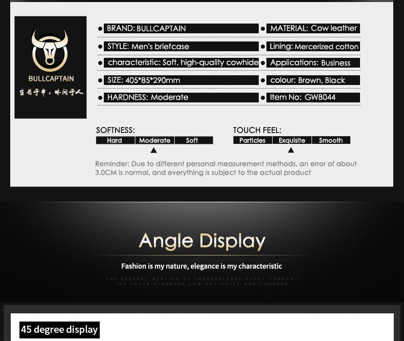 BULLCAPTAIN Briefcase Shoulder Messenger Bags Men's Genuine Leather 14-inch Laptop Bag's Men's Briefcase Office Business Handbag