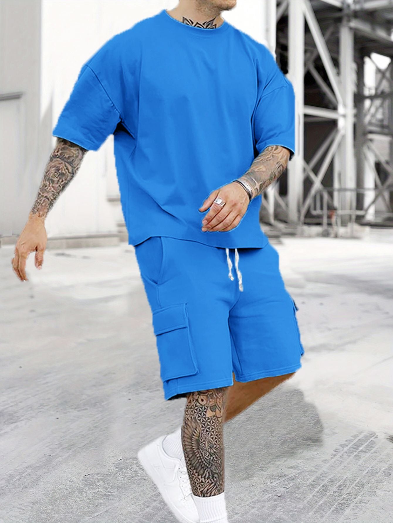 Summer new men's round neck short sleeve T-shirt shirt shorts two-piece suit loose large size ice