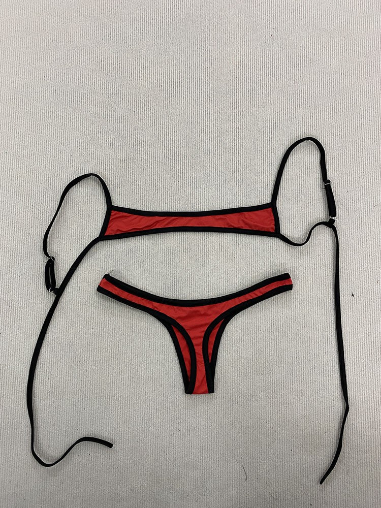 Retro Shoulder Strap Adjustable Backless Simple Summer Split Bikini Y2K Aesthetic Sexy Spice Girl Beach Contrast Color Swimsuit