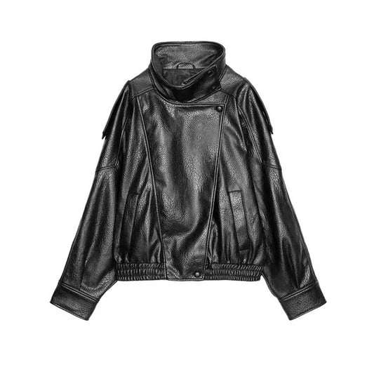 Vintage Women's Black Leather Jacket Long Sleeve Stand Collar Motorcycle Thick Coat Female 2025 Autumn Winter Lady Streetwear