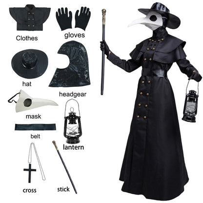 Plague Doctor Bird Cosplay Costume Medieval Hooded Robe Horrord Monk Steampunk Cloak Halloween Carnival Adult Kids Lantern Stick