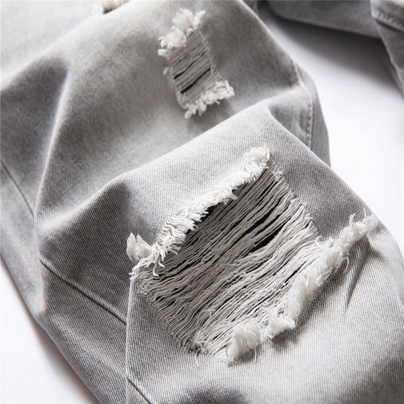 Mens Jeans Large-size Straight Light Gray Denim Trousers Spring and Autumn Full Length Male Pants Ripped Jeans