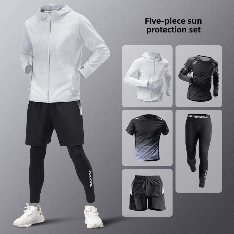 5pcs Men's Lightweight Summer Ice Silk Athletic Set Quick-Dry Running Clothes Outdoor Kit Cycling Fitness Men's Sportswear Set