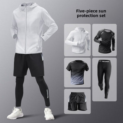 5pcs Men's Lightweight Summer Ice Silk Athletic Set Quick-Dry Running Clothes Outdoor Kit Cycling Fitness Men's Sportswear Set