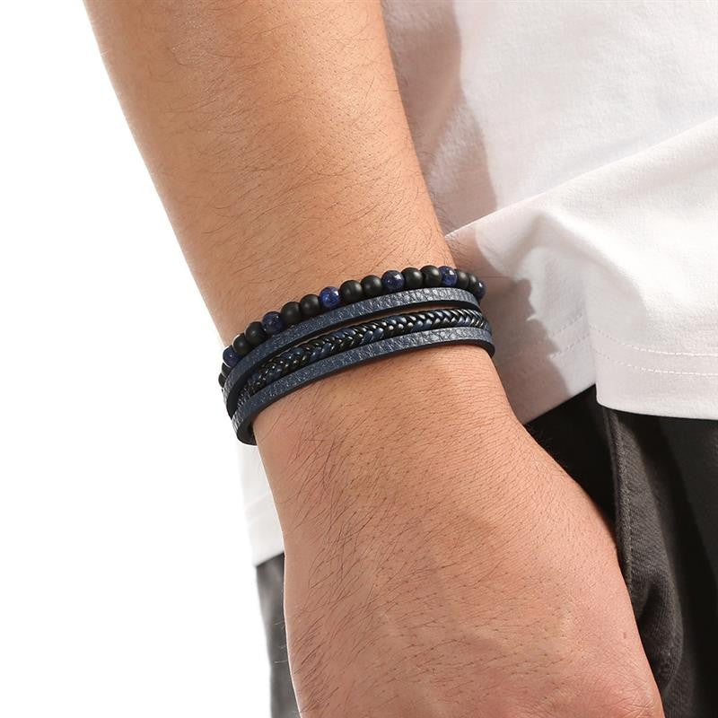 Pulseira de Couro Jiayiqi Masculina Punk Hip Hop Metal Charm Contas Olho de Tigre Pulseira Multicamadas para Homens Joia da Moda Presente