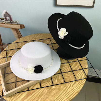 Chapéu Fedora Feminino Corrente Floral Alta Costura com Alfinetes de Pérola Boné em Relevo Preto Branco Outono Inverno Chapéu de Aba Larga para Meninas