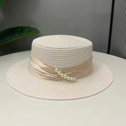 2024 Verão Francês Elegante Chapéus De Palha De Praia Para Mulheres Viseira Boné Ajustado Aba Jazz Viagem Pérola Feminino Casual Chapéu Panamá Quepe