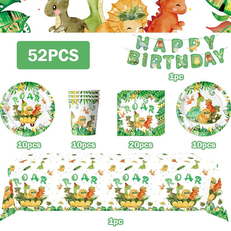 Happy Dinosaur Birthday Decoration Party Supplies Set Cup Plate Dinosaur Balloons Stickers Banner Gift Bags for Kids Boy Favors