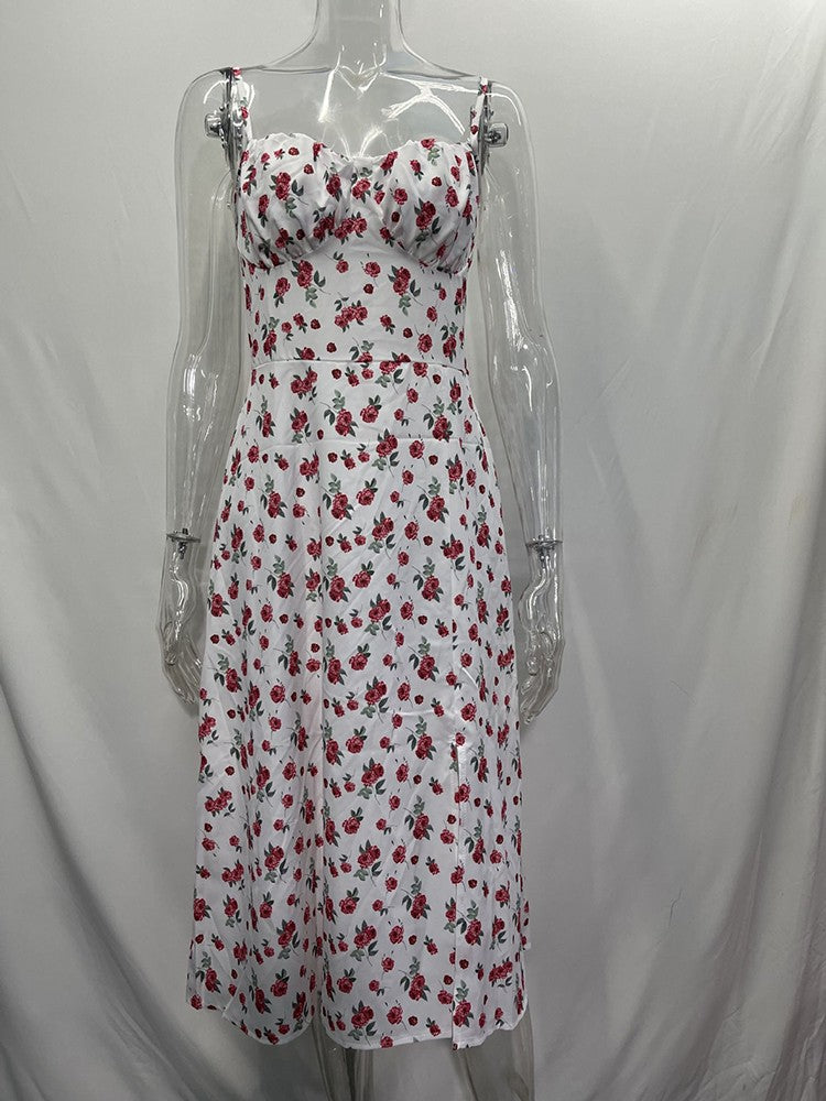 Summer Sexy Midi Dress Women Fashion White Floral Print Backless Beach Sundresse