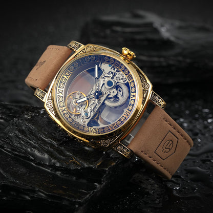 FORSINING High-end Luxury Gold Skeleton Mechanical Man Watch Automatic Movement Clock Stainless Steel Male Bronze Wrist Watches