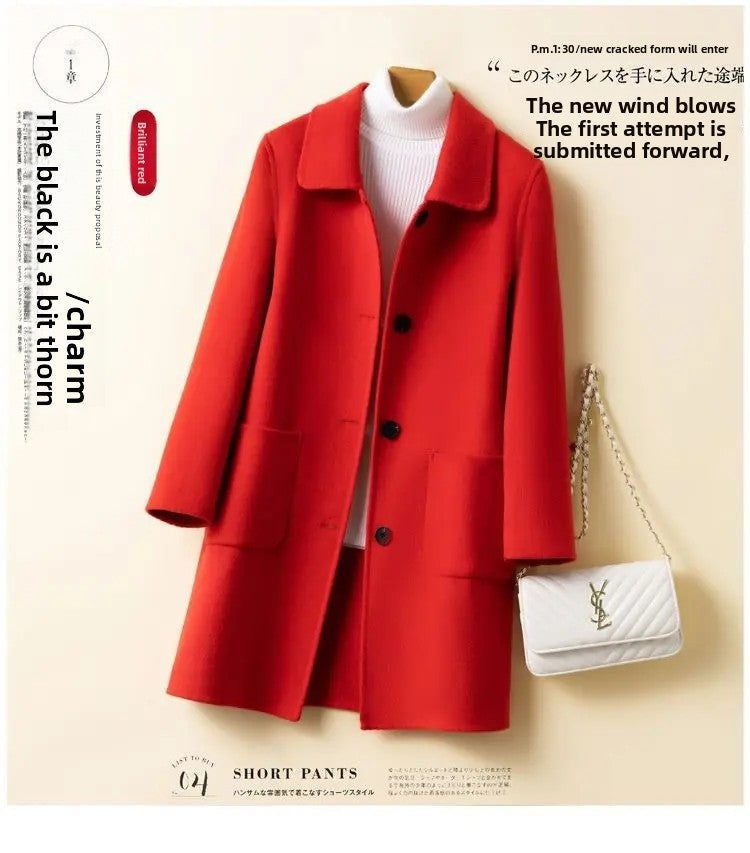High-End Korean Style Double-Faced Cashmere Woolen Coat for Women Mid-Length Thickened Polyester Fiber Winter Outerwear