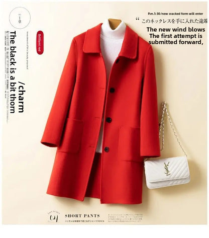 High-End Korean Style Double-Faced Cashmere Woolen Coat for Women Mid-Length Thickened Polyester Fiber Winter Outerwear