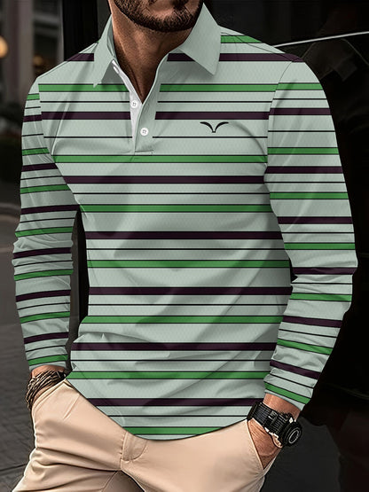 Men's Striped Long Sleeved T-shirt Polo Shirt Button Up Men's Stand Up Collar, Winter Double-sided German Velvet Base Shirt