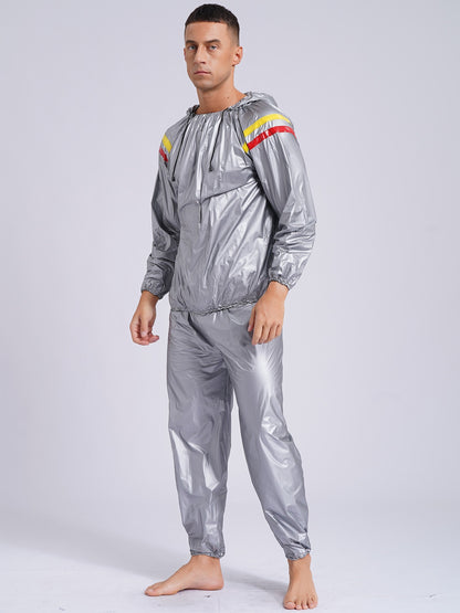 Mens Pullover Style PVC Sweating Suit for Boxing Gym Workout Fitness Sauna Sweat Outfit Hooded Jacket Outerwear And Long Pants